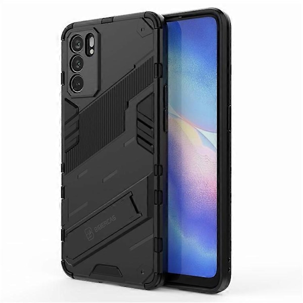 Iskunkestävä Defender -suojakuori, kestävä, sotilastason PC + TPU -kuori jalustalla, yhteensopiva Oppo Reno6 5G:lle Black