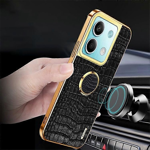 Kompatibelt Skal för Xiaomi Redmi Note 13 5G Mobiltelefon 6D Elektroplätering Ring Ställ Läder+TPU Skydd White