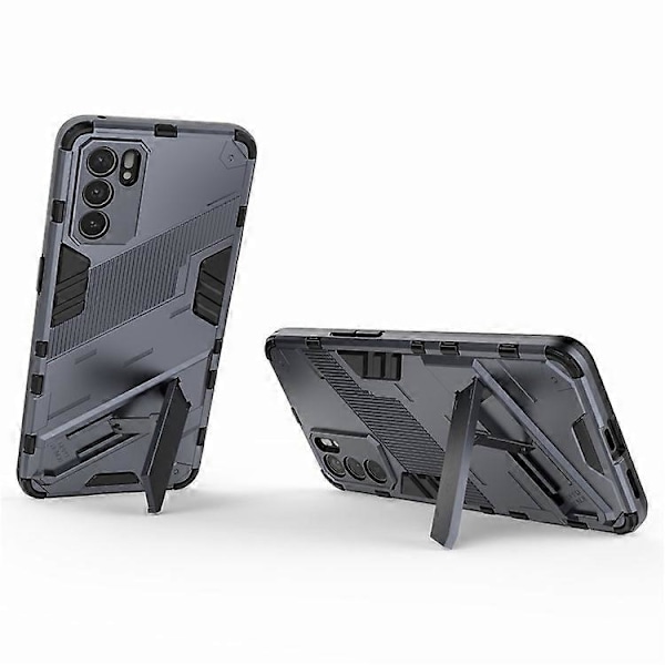 Iskunkestävä Defender -suojakuori, kestävä, sotilastason PC + TPU -kuori jalustalla, yhteensopiva Oppo Reno6 5G:lle Grey
