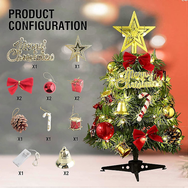 12 tommer/30 cm Mini Juletre for Bordplate, Kunstig Julefuru med LED-lys og Ornamenter