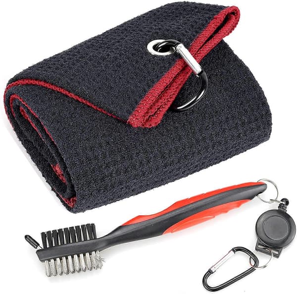 Mikrofiber Våffelmönstrad Tri-Fold Golfhandduk | Borstverktygssats med Klubbrengörare