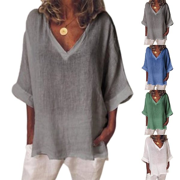 Naisten puuvillainen V-kaula-aukkoinen puolihihainen t-paita kesän casual väljät topit t-paitapusero Grey 2XL