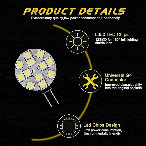 10x G4 LED Pære DC 12v Ikke Dæmpbar Hvid 6000k Pære Erstatning 20w Halogenlampe