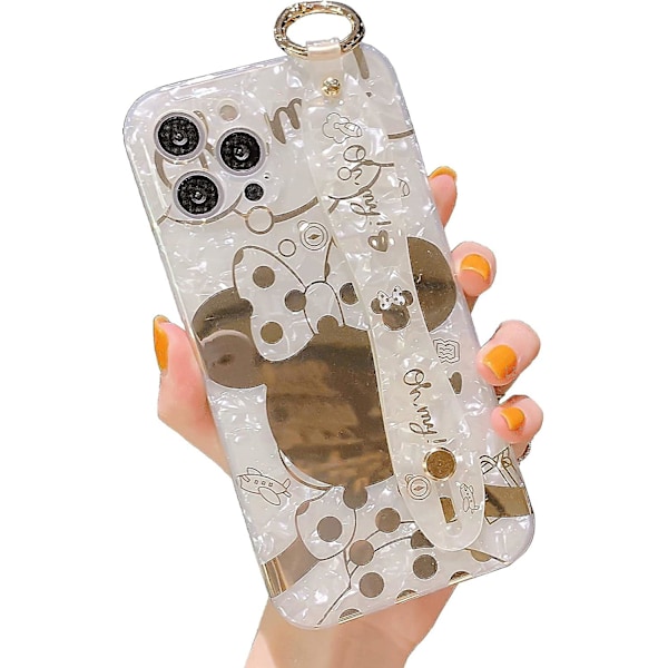 Sött Skal för Iphone 13 Pro Max, Handledsrem Ställ Mjukt Tpu Stötsäkert, Tecknat Kawaii Skydd Mode Minnie Mouse Glitter Bling Design, Iphone Skal