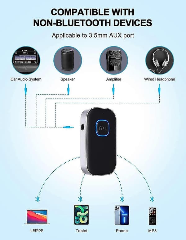 [2022 Oppgradert Bluetooth-mottaker, Støyreduserende Bluetooth-biladapter, 16 timer standby Aux Bluetooth-mottaker for HiFi bilradio/bilstereo/hjemmestereo