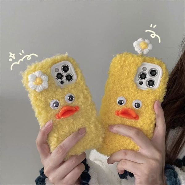 Roligt Sött 3D Plysch Anka Mobilskal för Apple iPhone 12 Pro Max 6.7 tum Mode Vinter Varmt Fluffigt Fodral Tecknad Mjukt Silikonskal