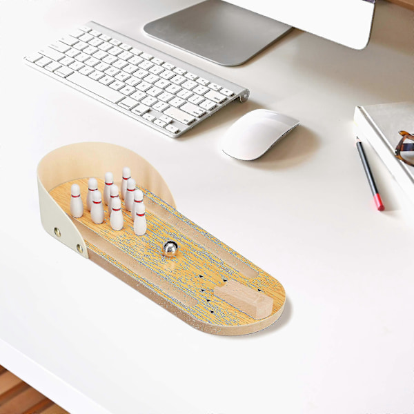 Mini Bord Bowling Spil i Træ, Sæt Med 10 Kegler, Strategispil Til Børn & Voksne