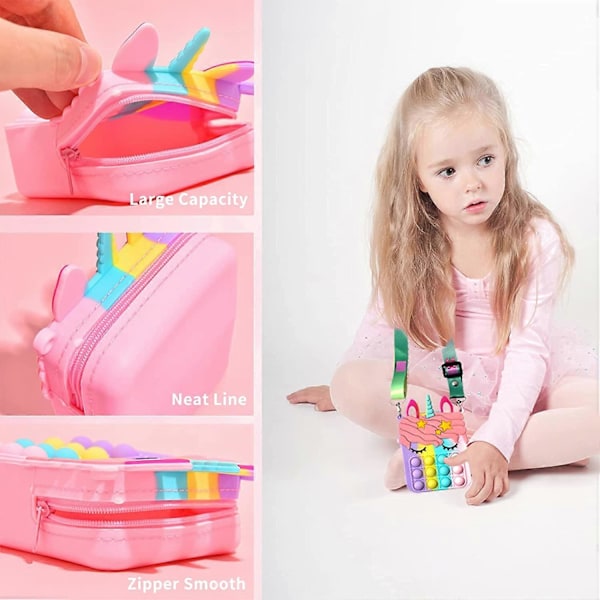 Pop Väska Fidget Leksaker för Kvinnor Flickor, Tryck Bubbla Fidget Sensoriska Handväskor Leksaker, Regnbåge Enkel Dimpel Axelväska, Enhörning Stressavlastningsleksaker Sma