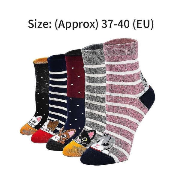 5 par Dam Polka Dot Crew Strumpor Söta Djur Present Hög Elastisk Tecknad Katt Mjuk-ZZY