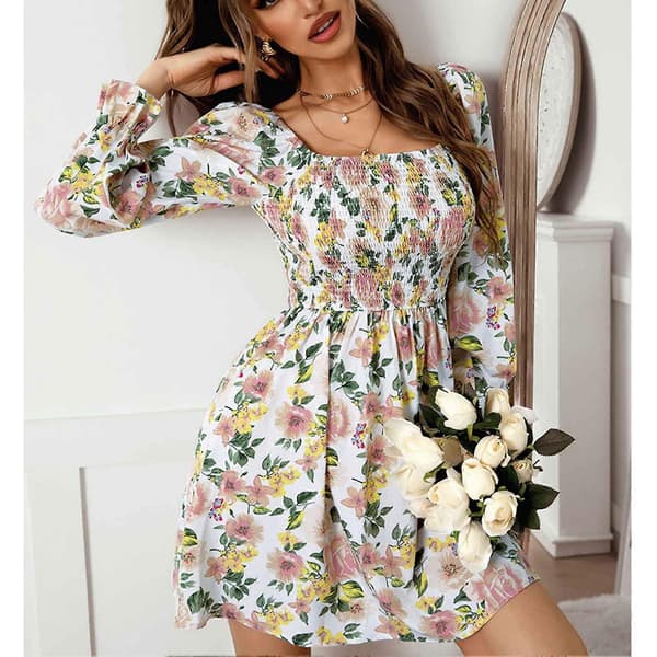 Blomstret Rynket Off Shoulder Kjole Moderigtig Elastisk Strækbar Elegant Kjole til Kvinder