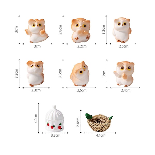 8 st Mini Uggla Staty Harts Hantverk Figurer Söta Skrivbordstillbehör för Miniatyrlandskap Rumsdekor