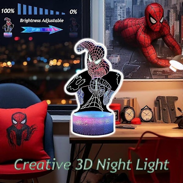 Spiderman Legetøj til Drenge, Superhelt 3D Natlys Illusion Lampe med Timing Fjernbetjening Smart Touch Farveskift med 3 Mønstre