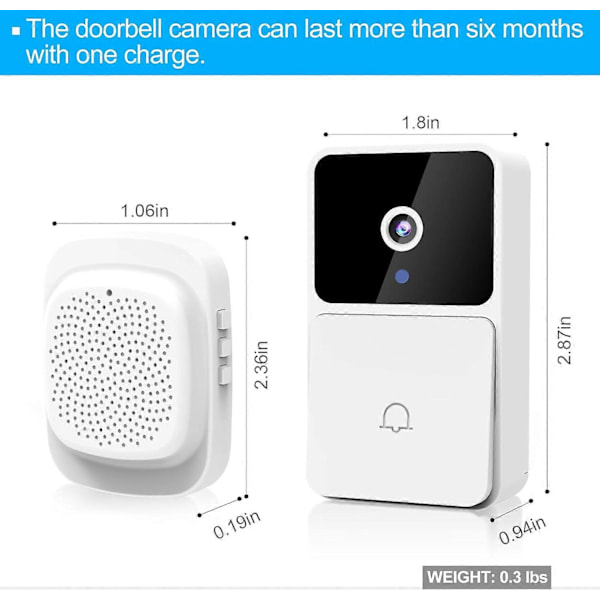 Trådløs Dørklokke, Video Dørklokke Trådløs - Fjernbetjent Intelligent Visuel Hjemme Intercom HD 1080P Nattesyn WiFi Genopladelig