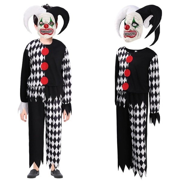 Barns Evil Clown Cosplay Kostym Halloween Party Fancy Dress Jumpsuit + Mask + Huvudbonader Set 4-6 Years