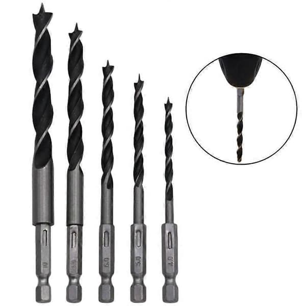 4-10mm Hex Skaft Triangulär Träbearbetningsborrsats, Kolstål, Svart, 5 Delar
