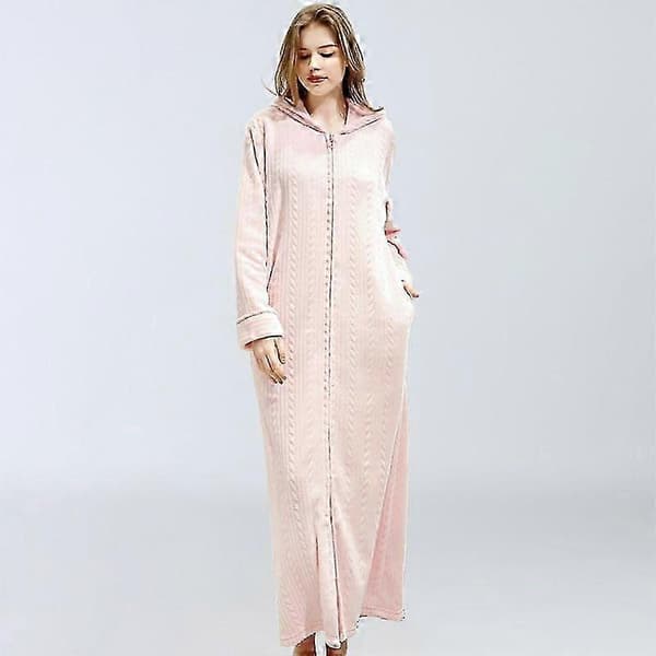 Badekåbe med hætte til damer, varm og blød fleece-morgenkåbe med lynlås, lang Pink M