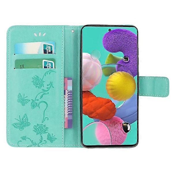 Præget Sommerfugl Blomst Skin PU Læder Flip Mobilcover Kompatibelt til Samsung Galaxy A51 Green