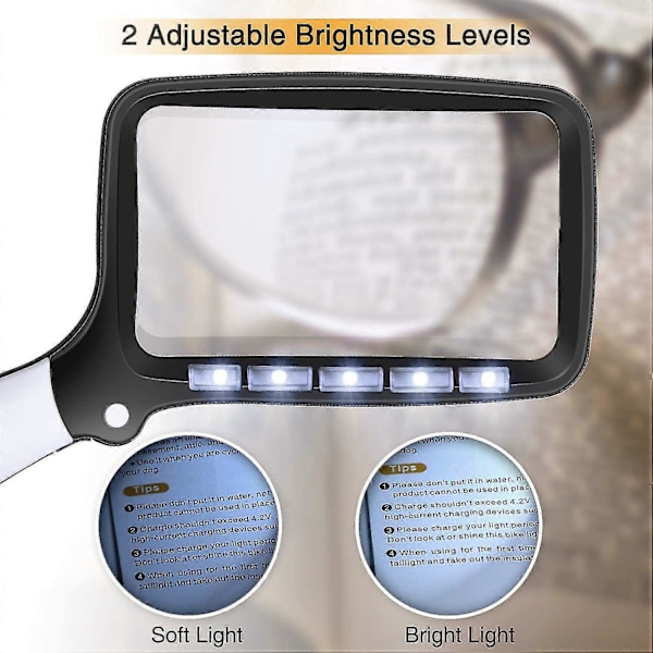 Rektangulær leseforstørrelsesglass med 5 LED-lys, 2 intensitetsmoduser og 2x forstørrelse
