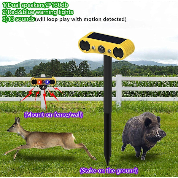 Solcellsdriven utomhuslarm med rörelsesensor - 13 ljud inklusive hundskall & pistolskott, 2*130db Högljudd ljudgenerator, 4 lägen