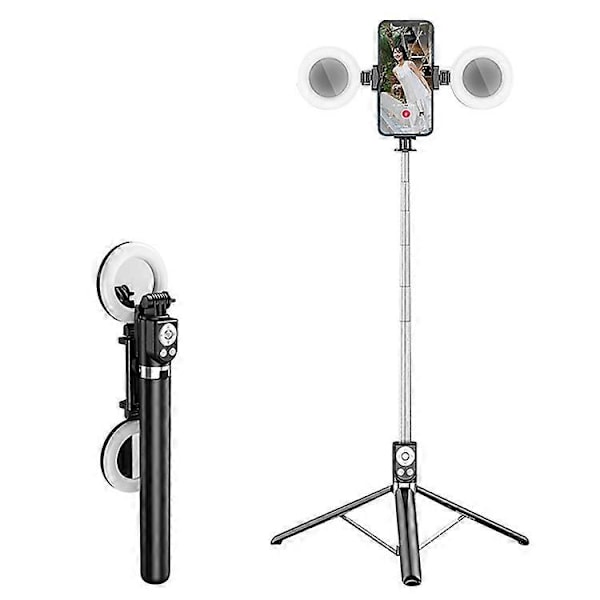 R17DS 1,75 m Bærbar Bluetooth Selfie Stick Udtrækkeligt Tripod Telefonstativ med Dobbelte Udfyldningslys 360-Graders Roterende Fotografering L Black
