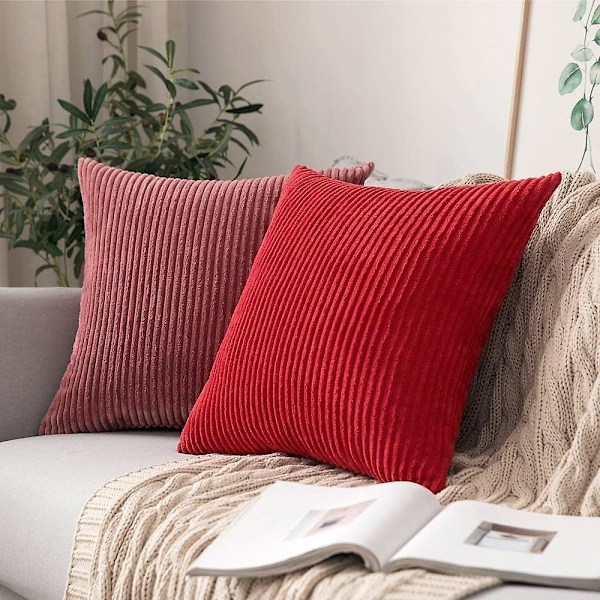 Pakke med 2 Corduroy Bløde Ensfarvede Dekorative Firkantede Pyntepudebetræk Sæt Pudebetræk Betræk til Sofa Soveværelse Bil 24 X 24 Tommer Jule Rød