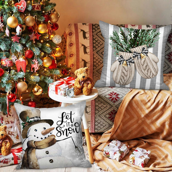 Vinter 18x18 Julepudebetræk Sæt med 4, Jul Snemand Handsker Elg Eucalyptus Vinter 18 x 18 til Indendørs Hjem Soveværelse Sofa