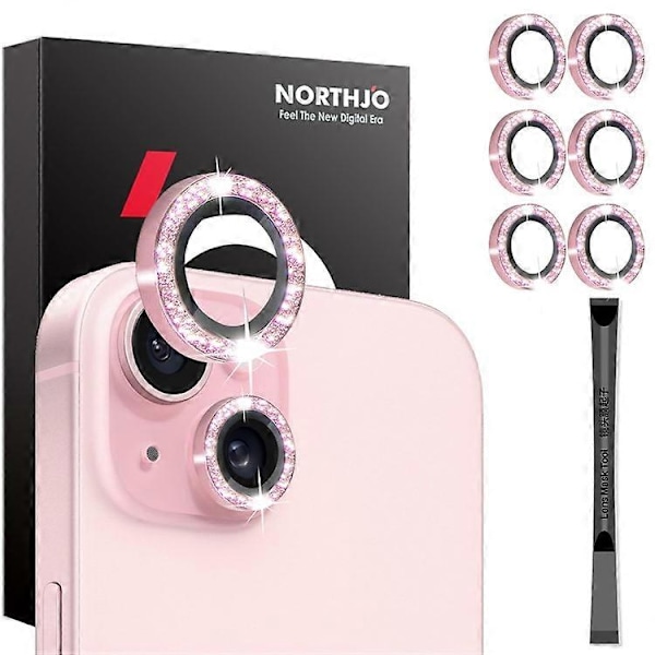 NORTHJO 3 Set Kompatibla För iPhone 15 / 15 Plus / 14 / 14 Plus Linsskydd Glitter Metallring Härdat Glas Linsfilm Pink