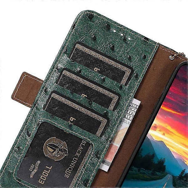 Kompatibel med Motorola Moto G72 4G RFID Telefondeksel Strutsemønster Full Dekning Ekte Kuskinn Lær Stativ Lommebok Green