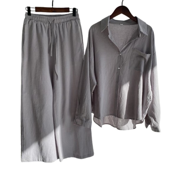 Kvinnor långärmad skjorta kostym Casual blus + elastisk midja Byxor med vida ben Byxor Outfit Set Grey L