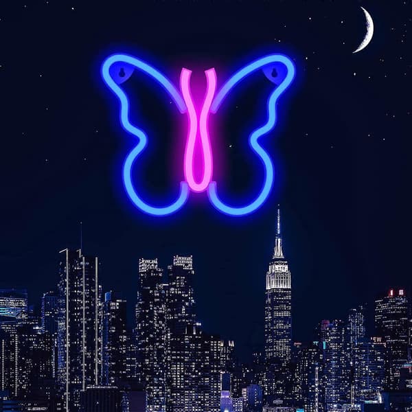 Fjäril Neon Skyltar Lampor för Sovrum Väggdekor, USB eller Batteri LED Neon Nattlampa Väggdekoration (Blå/Rosa)