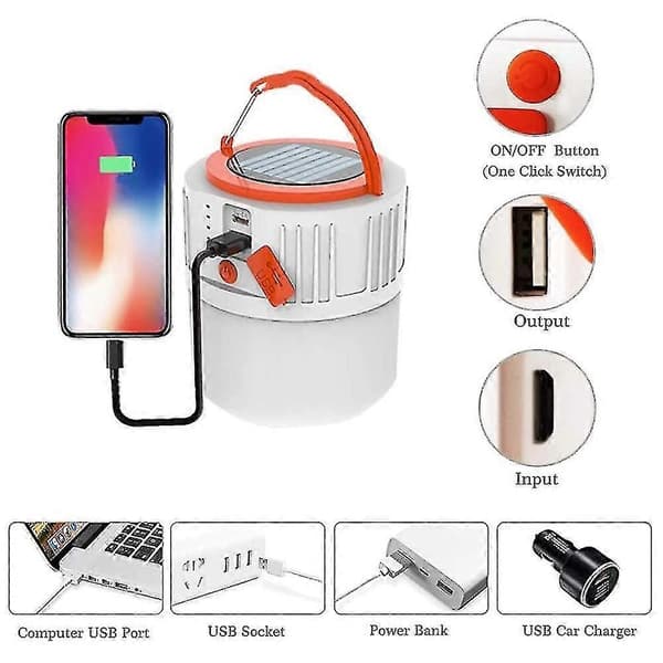 LED Camping Lantern Oppladbar, Solar Camping Lights-hvit