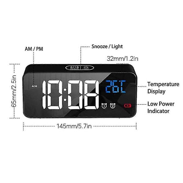 LED Display Digital Vækkeur, USB-ladeport, Lydkontrol, Alarmringetoner, Justerbar Lydstyrke og Lysstyrke, 12/24 H, Snooze Funktion - Sort