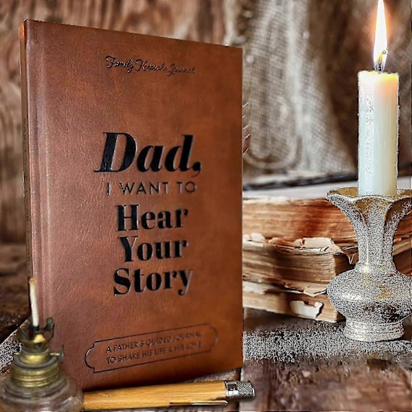 Far, jeg vil gerne høre din historie notesbog, læderindbundet hardback, sort guldfolie bogstaver, guidet journal til far til at dele sit liv og sin kærlighed