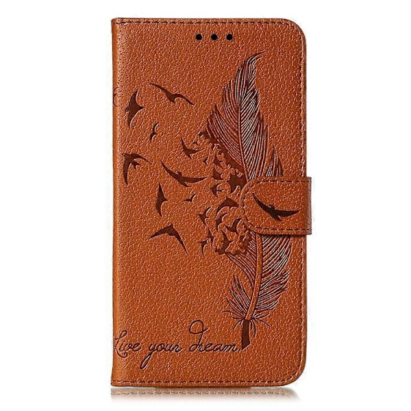 Litchi Tekstur Præget Fjer Læder Telefon Cover med Wallet Stand Kompatibel til Samsung Galaxy A20e Brown