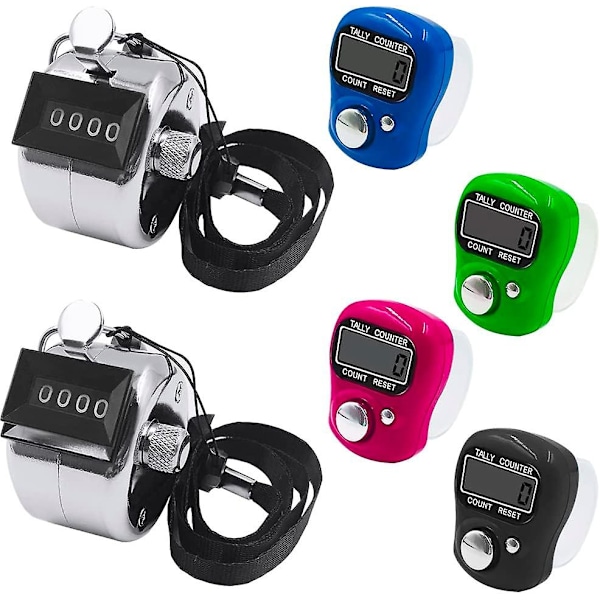 6 stk. Elektroniske Klikkertellere, 2 stk. Håndholdte Metalltellere med Snor & 4 stk. LED Elektroniske Digitale Fingertellere, For C