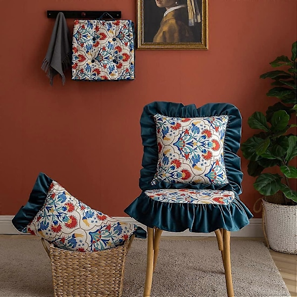 Boho Trykket Stolpute med Volanger og Bånd Komfortabel Kjøkken Spisestolpute Sittepute med Avtakbart Velourtrekk (WCBL, 18\"x18\")