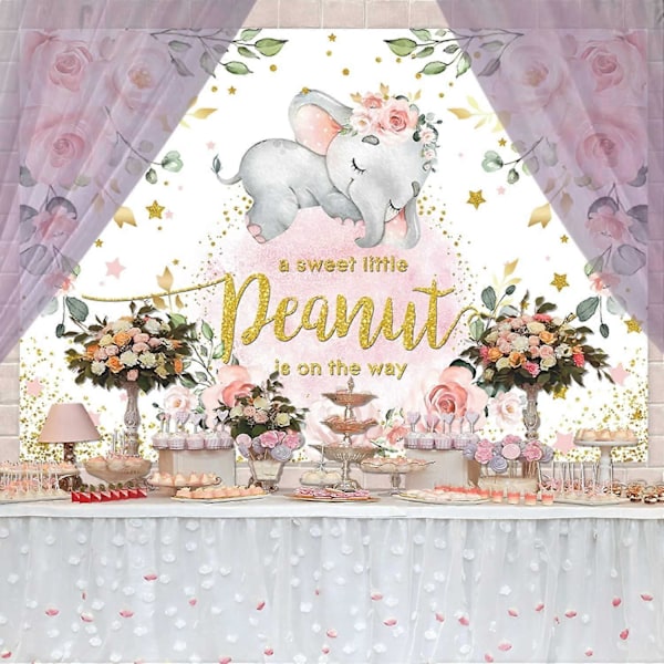 Baby Jente Elefant Baby Shower Bakgrunn Rosa Blomster Søt Liten Peanut er på Vei Fotografering Bakgrunn Rosa Elefant Foto Banner for Festkake