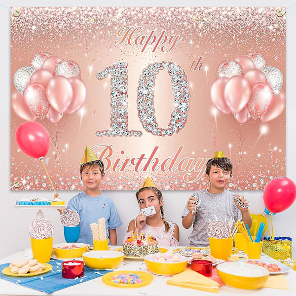 Tillykke med 10-års fødselsdagen Banner Baggrund - 10 Fødselsdagsfest Dekorationer Til Piger Eller Drenge - Rosaguld 4 X 6ft