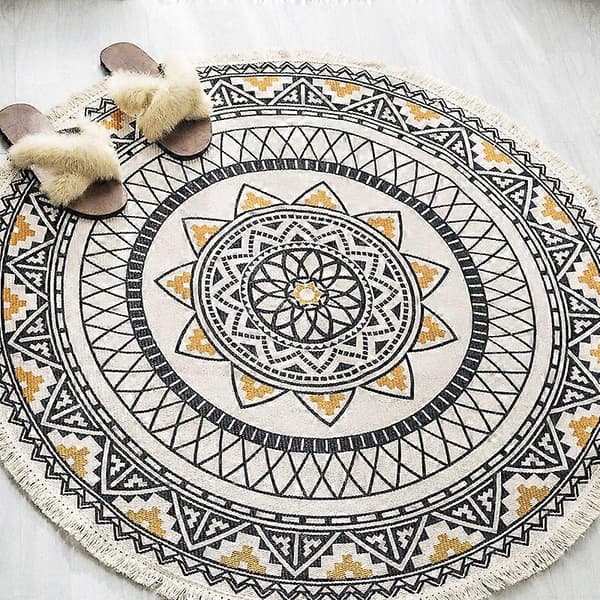 Mandala Rundt Tæppe - Boheme Stil - Bomuld - Diameter: 90 cm