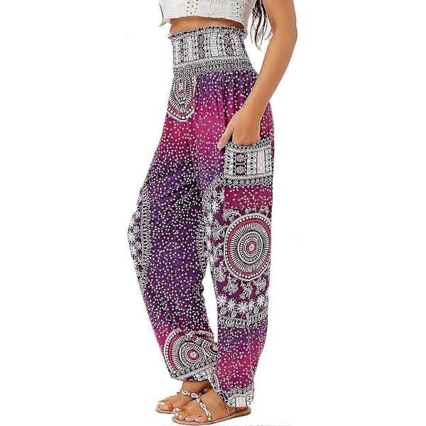 2 stycken Haremsbyxor för dam, Högmidjade Yoga Boho-byxor med fickor