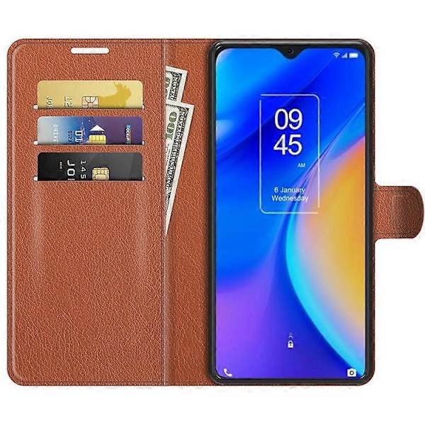 Litchi Tekstur PU Læder Etui Flip Stand Stødsikkert Telefoncover med Pung Kompatibel med TCL 20 SE Brown