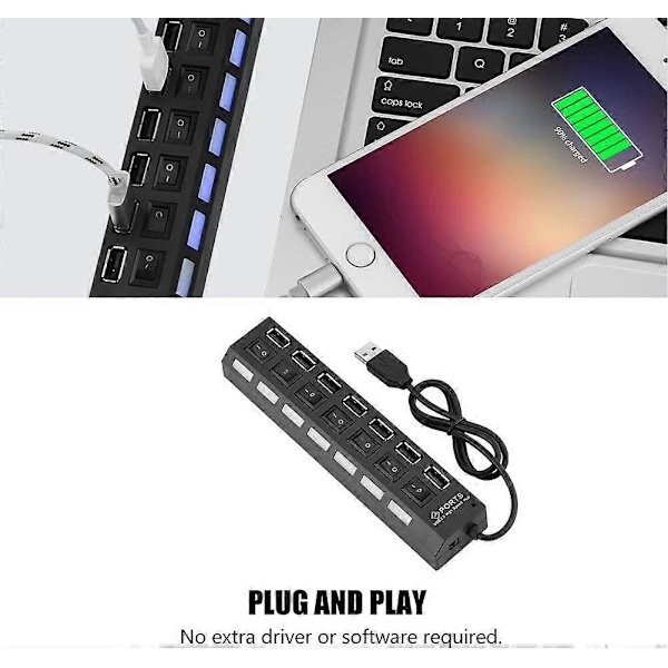 480Mbps 7 Port USB 2.0 Hub, Multifunksjonell Hub Splitter Høyhastighets Dataoverføring for Mobiltelefon, Nettbrett, Tastatur, Mus, Harddisk, PS