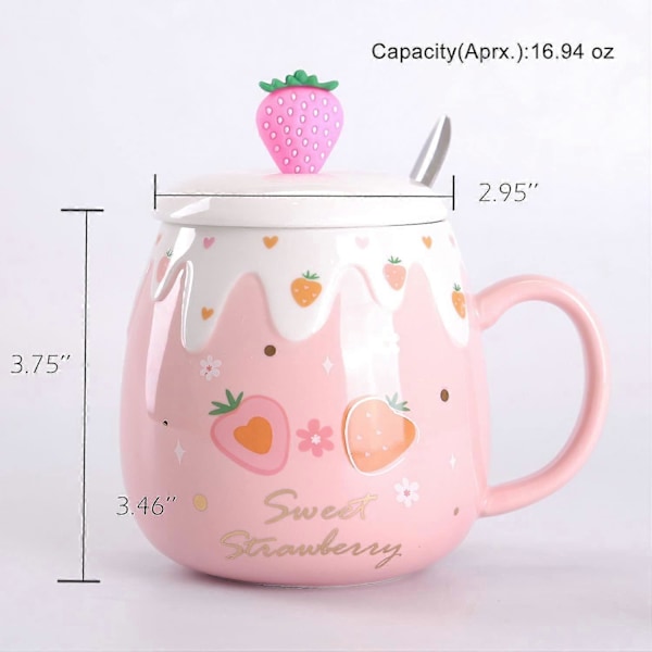 Vaaleanpunainen naisten kahvikuppi, mansikka-aiheinen korealaistyylinen ihana keraaminen aamiaiskuppi kannella ja lusikalla 450 ml / 15 oz, vaaleanpunainen A