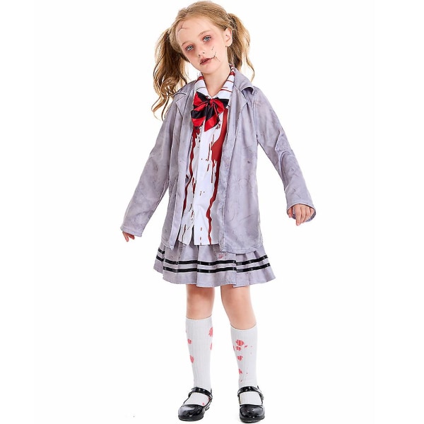 Flickor Zombie skoldräkt Uniform Barnvampyrdräkter Skrämmande Halloween kostym för barn Zombie skolpojkdräkter Boy Gray XL