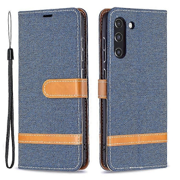 Splejsning Jeans Stof Overflade Læder Telefon Cover Wallet Stand Case Kompatibel Med Samsung Galaxy S21 FE/S21 Lite OceanBlue