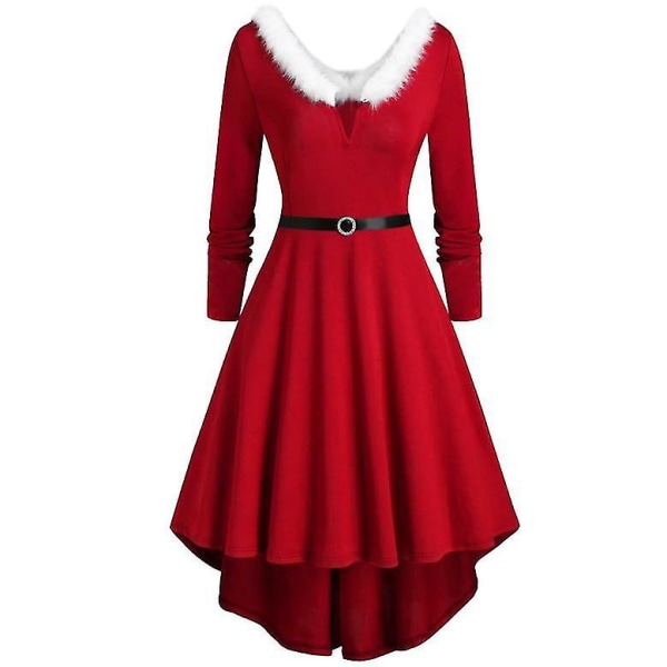 Naisten jouluinen karvainen V-kaula-aukkoinen pitkähihainen mekko juhlapukuun Red L