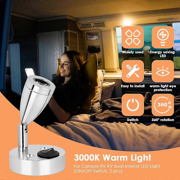 Indvendig Belysning Spot Lampe Auto LED Lys 2 stk - RV Læselampe 3000K 180 Graders Rotation til Camper Van Båd Campingvogn Køretøj Autocamper