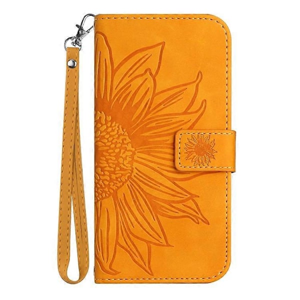 Yhteensopiva Samsung Galaxy M53 5G HT04 -puhelinmallille, ihon tuntuinen PU-nahkainen suojakuori, painettu auringonkukka, jalustallinen lompakkokotelo Yellow