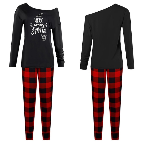 Kvinnors print Set Jul långärmade toppar Rutiga byxor Pyjamas Hemkläder Black L