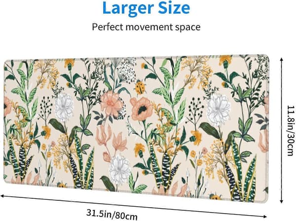 Blomstret Musemåtte Syet Kant XL Stor Musemåtte 80 cm X 30 cm Gummibase Skridsikker Skrivebordsmåtte til Laptop PC Computer Gaming